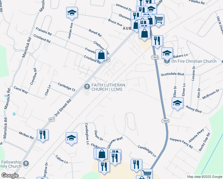 map of restaurants, bars, coffee shops, grocery stores, and more near 7910 Candleglow Lane in Louisville