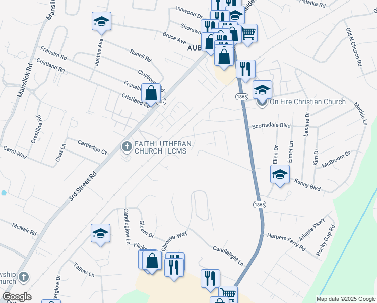 map of restaurants, bars, coffee shops, grocery stores, and more near 809 Auburn Oaks Drive in Louisville