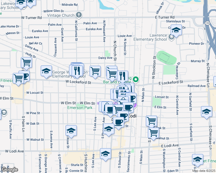 map of restaurants, bars, coffee shops, grocery stores, and more near 310 West Lockeford Street in Lodi