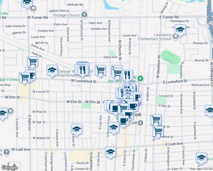 map of restaurants, bars, coffee shops, grocery stores, and more near 310 West Lockeford Street in Lodi