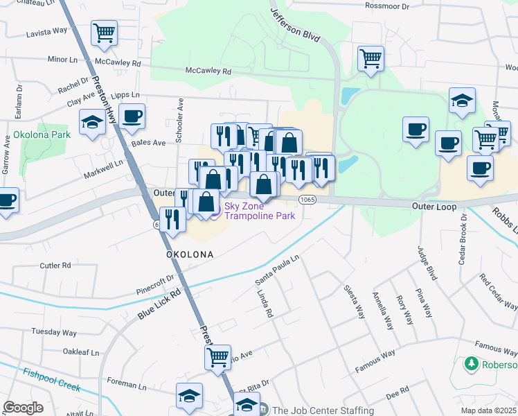 map of restaurants, bars, coffee shops, grocery stores, and more near 4410 Outer Loop in Louisville