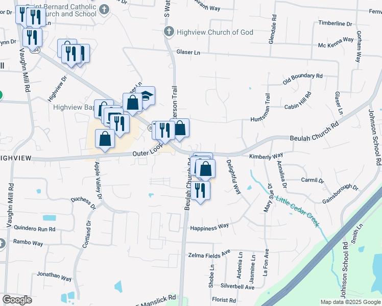 map of restaurants, bars, coffee shops, grocery stores, and more near Fegenbush Ln & Beulah Church Rd in Louisville