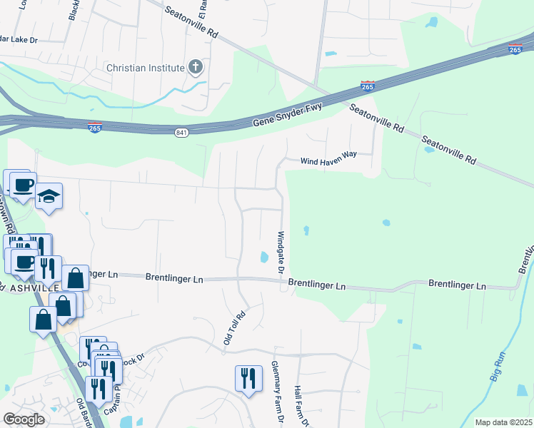 map of restaurants, bars, coffee shops, grocery stores, and more near 7901 Emma Court in Louisville