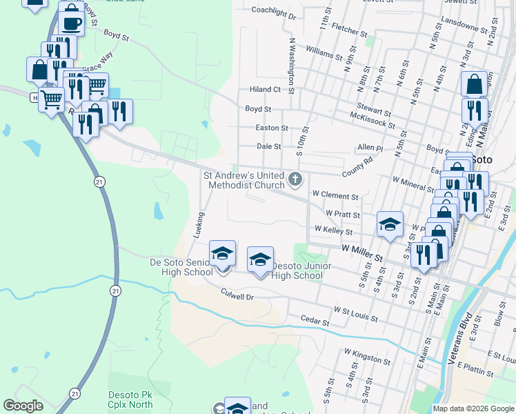 map of restaurants, bars, coffee shops, grocery stores, and more near 1311 Court Drive in De Soto