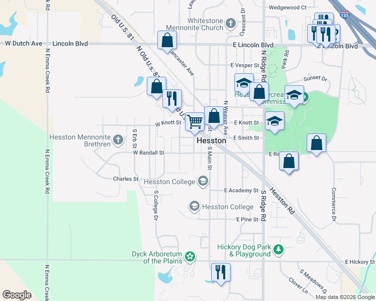 map of restaurants, bars, coffee shops, grocery stores, and more near 204 West Randall Street in Hesston