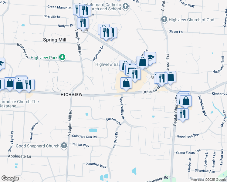 map of restaurants, bars, coffee shops, grocery stores, and more near 7400 Snow Bend Avenue in Louisville