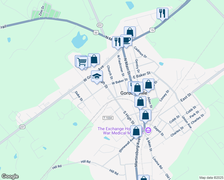 map of restaurants, bars, coffee shops, grocery stores, and more near 306 North High Street in Gordonsville