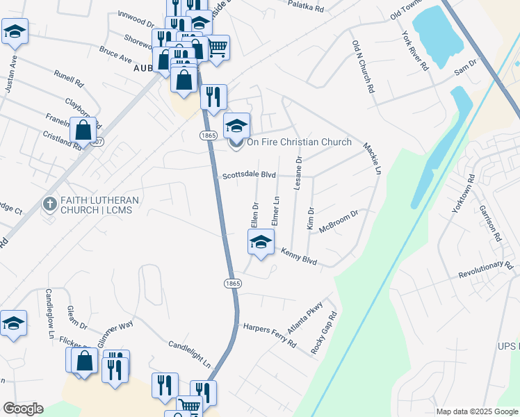map of restaurants, bars, coffee shops, grocery stores, and more near 5705 Mary Ellen Drive in Louisville