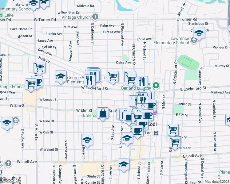 map of restaurants, bars, coffee shops, grocery stores, and more near 418 West Lockeford Street in Lodi