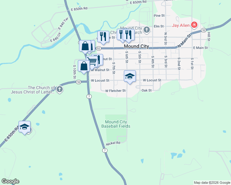 map of restaurants, bars, coffee shops, grocery stores, and more near 631 West Fletcher Street in Mound City