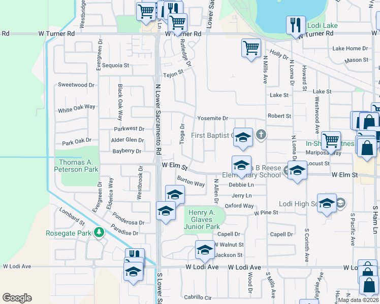 map of restaurants, bars, coffee shops, grocery stores, and more near 206 Rutledge Drive in Lodi