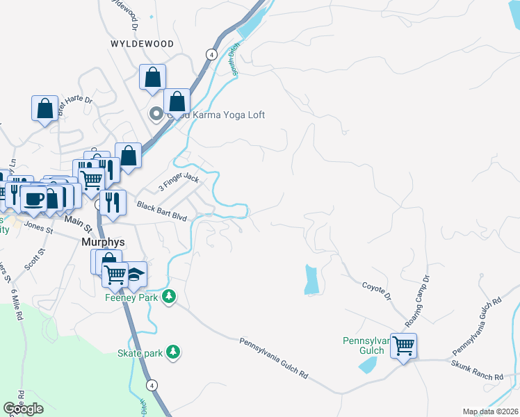 map of restaurants, bars, coffee shops, grocery stores, and more near 30 Woodland Drive in Murphys