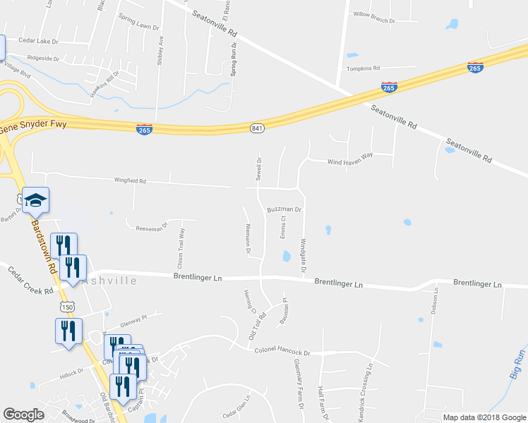 map of restaurants, bars, coffee shops, grocery stores, and more near 10919 Sewell Drive in Louisville