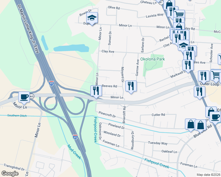 map of restaurants, bars, coffee shops, grocery stores, and more near 1017 Pitchford Road in Louisville