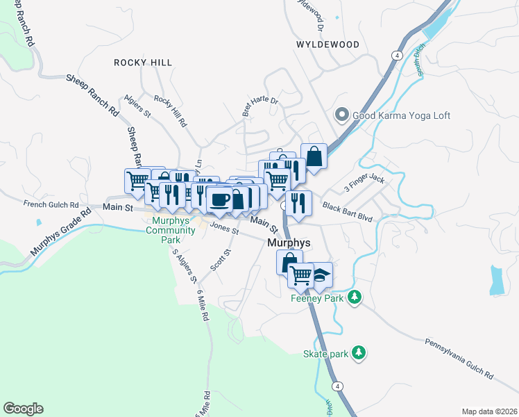 map of restaurants, bars, coffee shops, grocery stores, and more near in Murphys