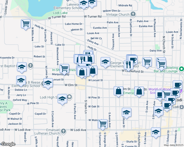 map of restaurants, bars, coffee shops, grocery stores, and more near 215 North Fairmont Avenue in Lodi