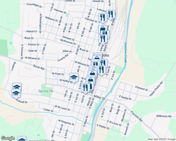map of restaurants, bars, coffee shops, grocery stores, and more near 221 South 3rd Street in De Soto