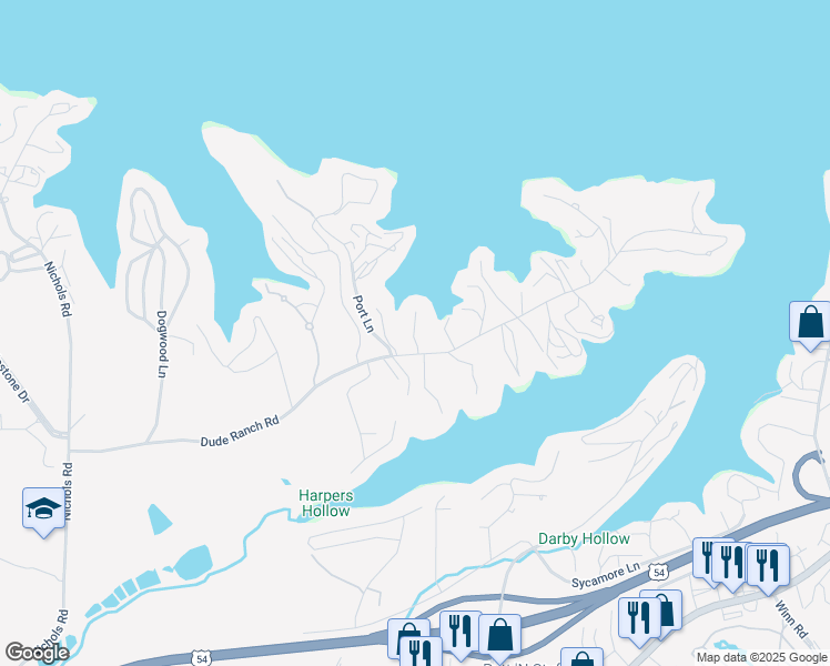 map of restaurants, bars, coffee shops, grocery stores, and more near Evergreen Lane in Osage Beach
