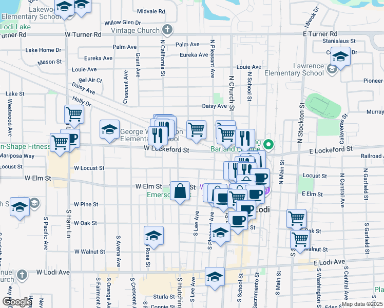 map of restaurants, bars, coffee shops, grocery stores, and more near 418 West Lockeford Street in Lodi