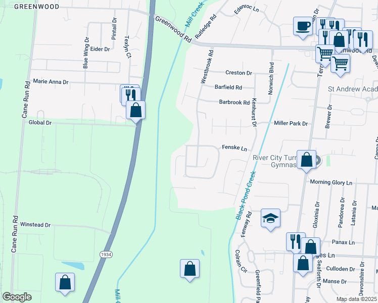 map of restaurants, bars, coffee shops, grocery stores, and more near 7109 Blue Stream Court in Louisville