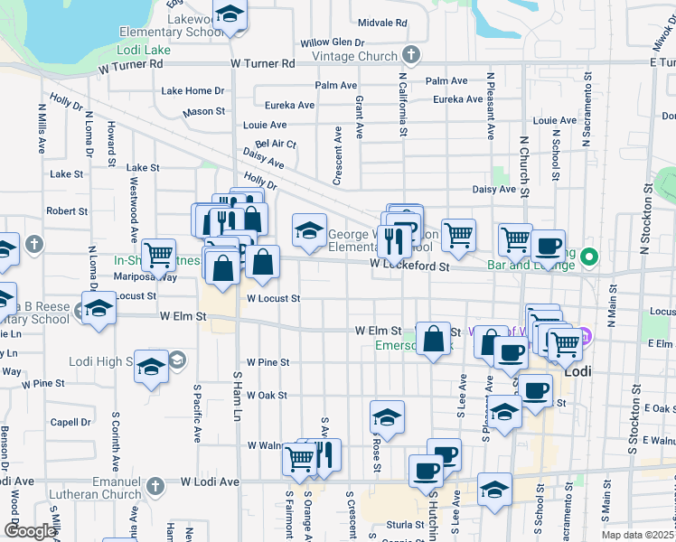 map of restaurants, bars, coffee shops, grocery stores, and more near 824 Mariposa Way in Lodi