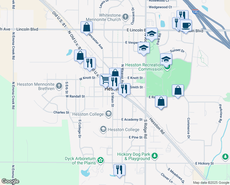 map of restaurants, bars, coffee shops, grocery stores, and more near 101 South Main Street in Hesston