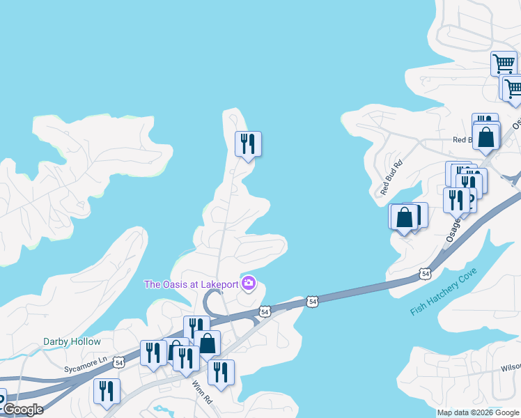 map of restaurants, bars, coffee shops, grocery stores, and more near 335-345 Wyndy Lane in Osage Beach