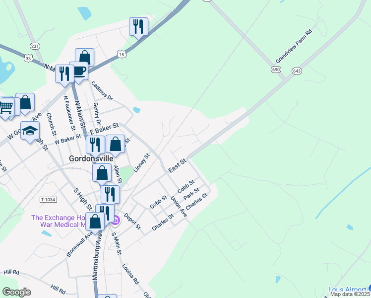 map of restaurants, bars, coffee shops, grocery stores, and more near 11243 East Street in Gordonsville