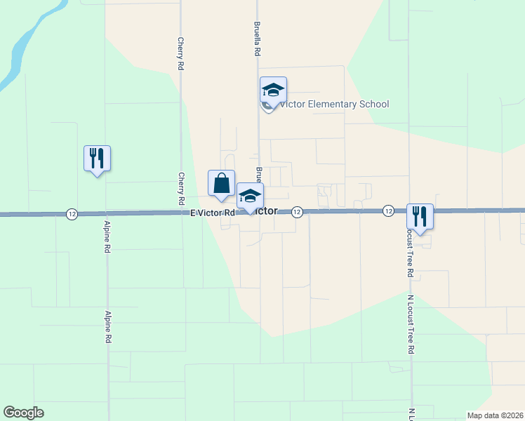 map of restaurants, bars, coffee shops, grocery stores, and more near in Victor