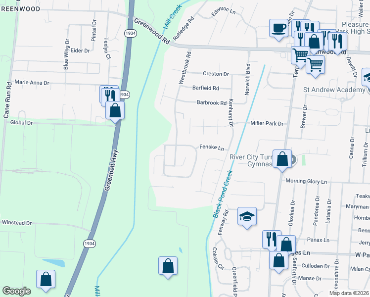 map of restaurants, bars, coffee shops, grocery stores, and more near 9606 Brooks Bend Road in Louisville