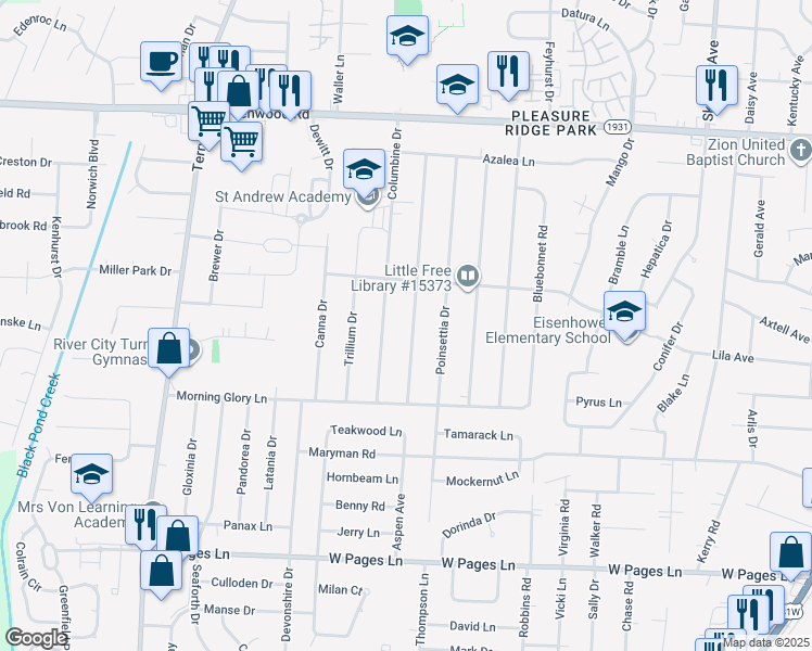 map of restaurants, bars, coffee shops, grocery stores, and more near 7912 Jonquil Drive in Louisville