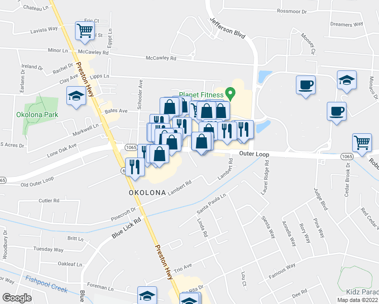 map of restaurants, bars, coffee shops, grocery stores, and more near 4340 Outer Loop in Louisville