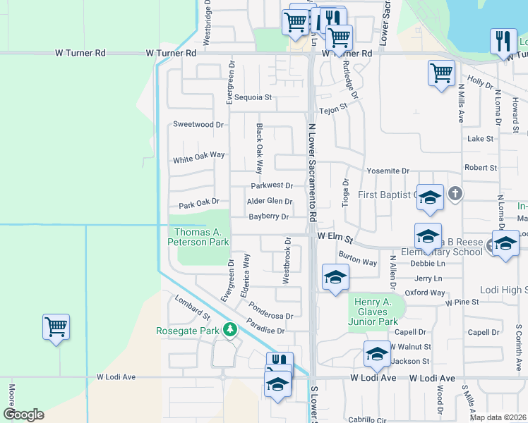 map of restaurants, bars, coffee shops, grocery stores, and more near 2633 Bayberry Drive in Lodi