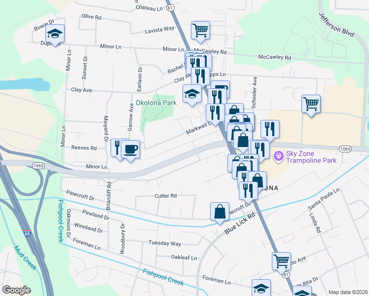 map of restaurants, bars, coffee shops, grocery stores, and more near 1136 Lone Oak Avenue in Louisville