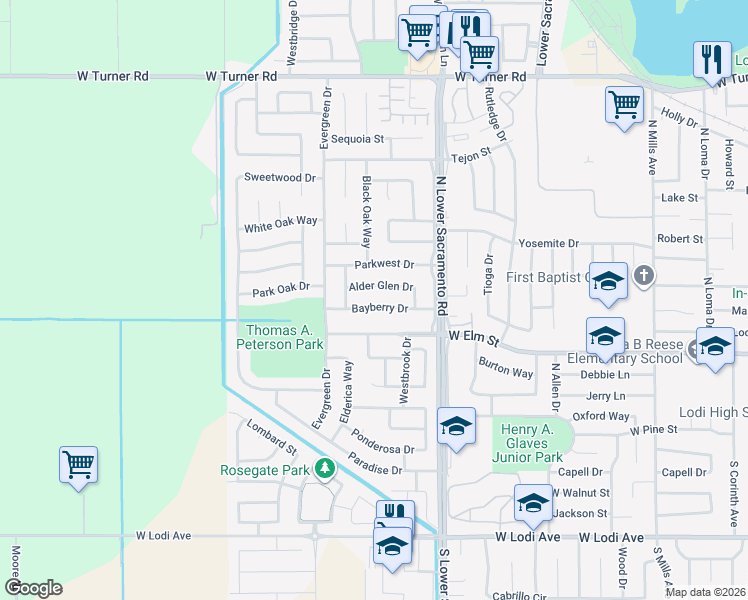 map of restaurants, bars, coffee shops, grocery stores, and more near 2633 Bayberry Drive in Lodi