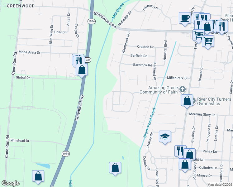 map of restaurants, bars, coffee shops, grocery stores, and more near 7907 Westbrook Road in Louisville