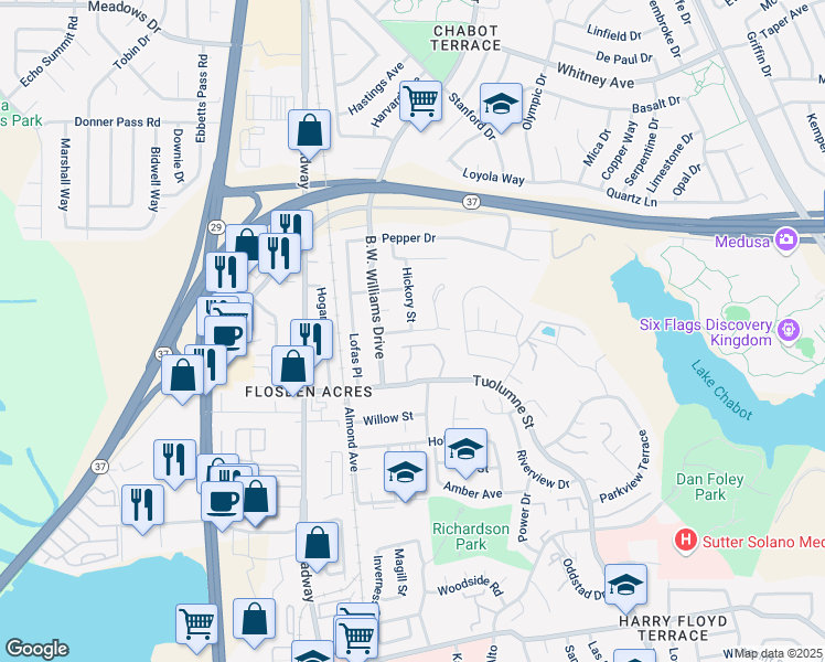 map of restaurants, bars, coffee shops, grocery stores, and more near Hickory St & Pecan St in Vallejo