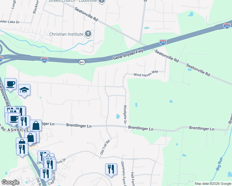 map of restaurants, bars, coffee shops, grocery stores, and more near 7901 Emma Court in Louisville