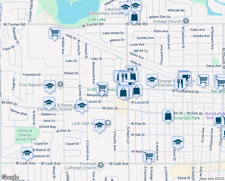 map of restaurants, bars, coffee shops, grocery stores, and more near 211 North Pacific Avenue in Lodi