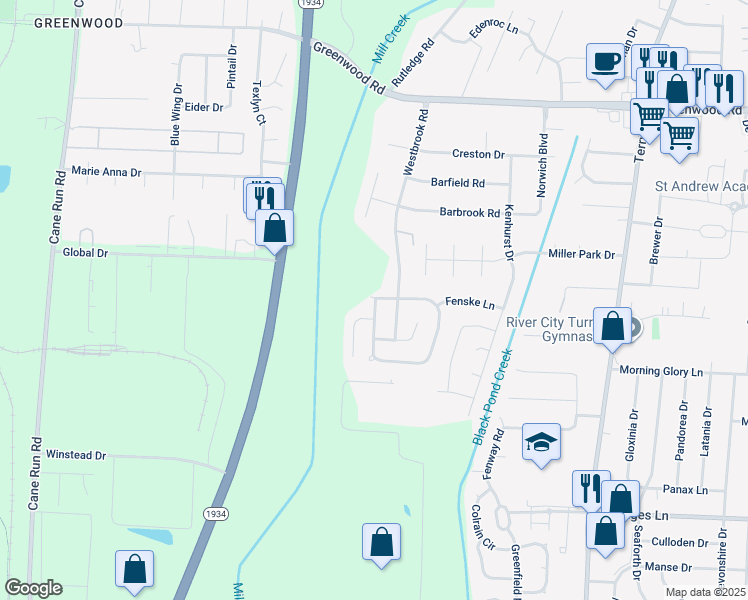 map of restaurants, bars, coffee shops, grocery stores, and more near 7109 Blue Stream Court in Louisville