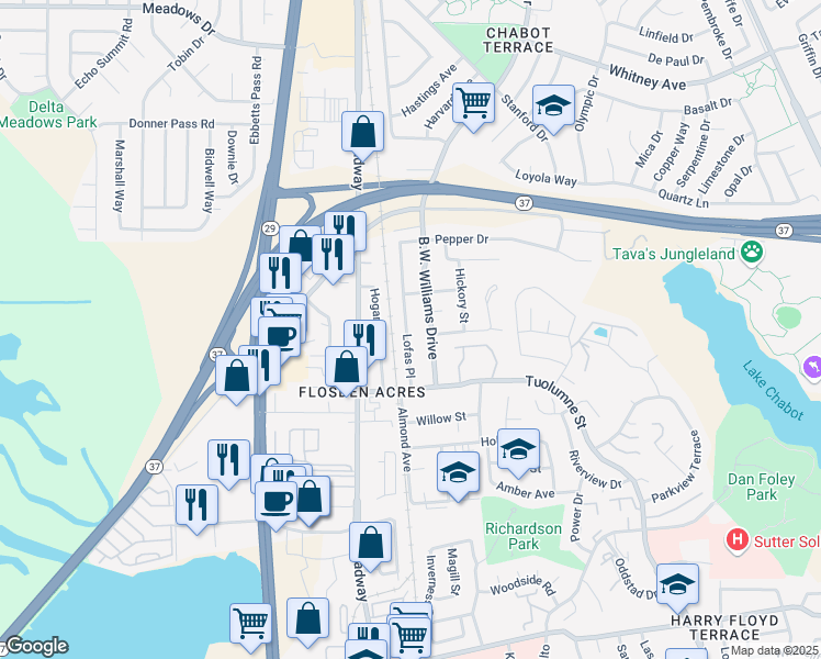 map of restaurants, bars, coffee shops, grocery stores, and more near 255 Lofas Place in Vallejo