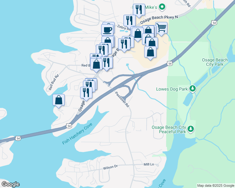 map of restaurants, bars, coffee shops, grocery stores, and more near 1123 Passover Road in Osage Beach