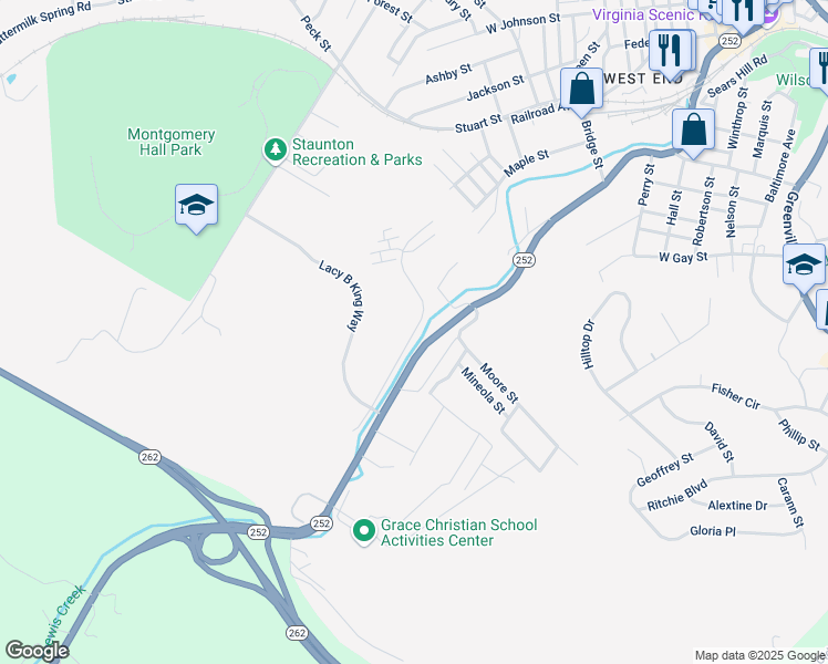 map of restaurants, bars, coffee shops, grocery stores, and more near Seth Drive in Staunton