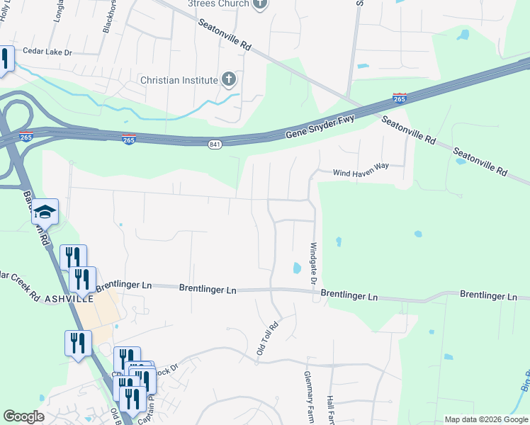 map of restaurants, bars, coffee shops, grocery stores, and more near 10919 Sewell Drive in Louisville