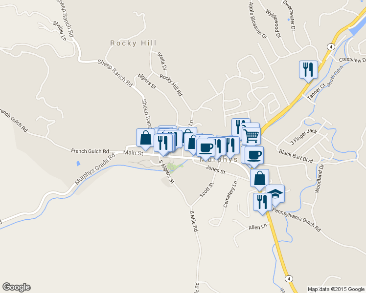 map of restaurants, bars, coffee shops, grocery stores, and more near Church Street & Surrey Lane in Murphys