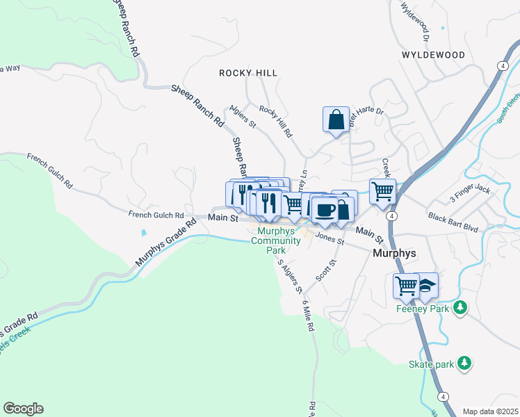 map of restaurants, bars, coffee shops, grocery stores, and more near 511 Algiers Street in Murphys