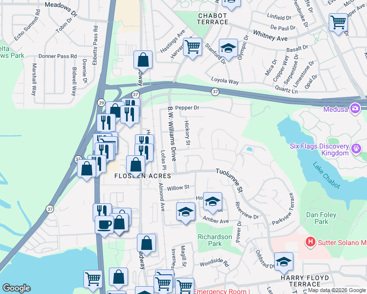 map of restaurants, bars, coffee shops, grocery stores, and more near 127 Hickory Street in Vallejo