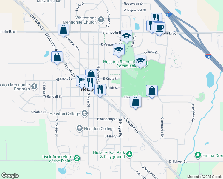 map of restaurants, bars, coffee shops, grocery stores, and more near 312 East Smith Street in Hesston
