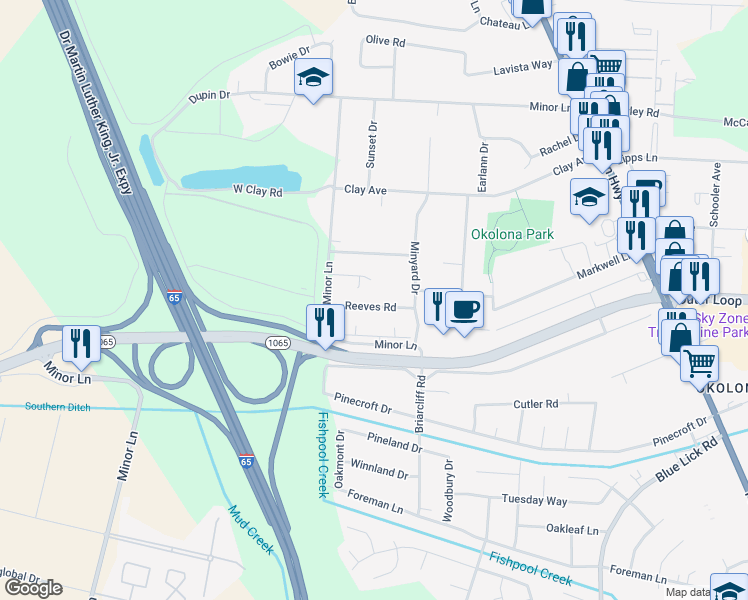 map of restaurants, bars, coffee shops, grocery stores, and more near 1021 Reeves Road in Louisville