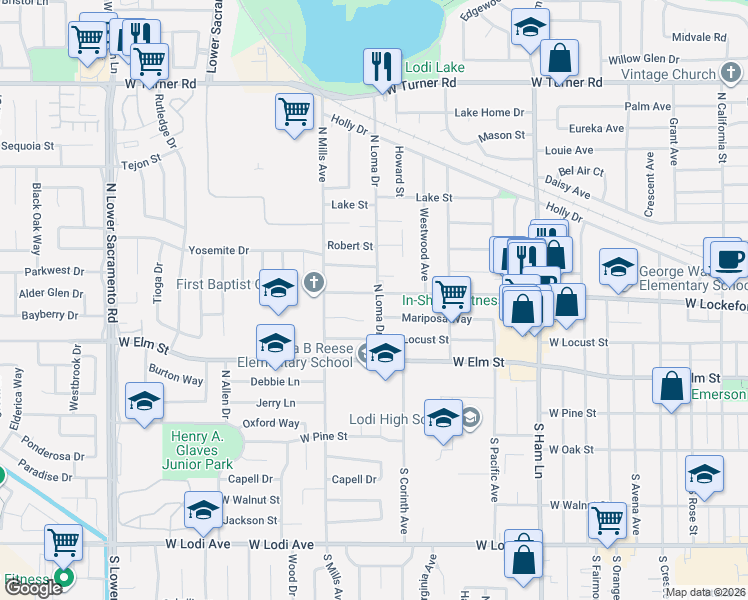 map of restaurants, bars, coffee shops, grocery stores, and more near 1809 West Lockeford Street in Lodi